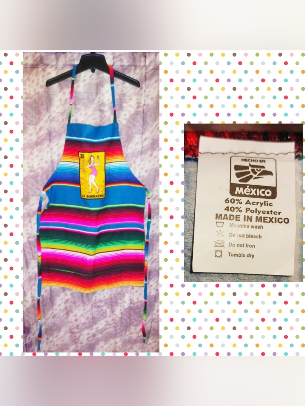 Authentic Mexican Multicolor Serape Design Novelty Loteria Card Woven Apron 1 Sz